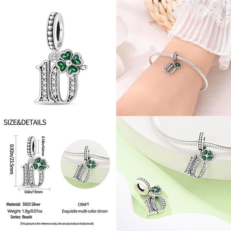 100% 925 Silver Green Zircon Lucky Number Pendant Suitable for Original 925 Women Bracelet DIY Jewelry Making Gift