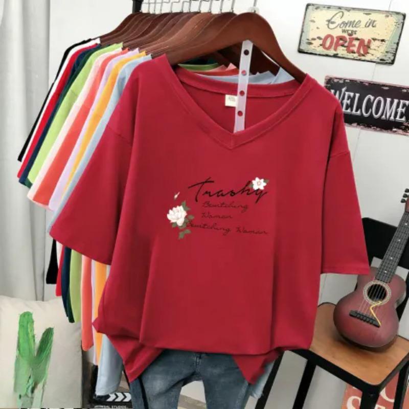 Short-sleeved T-shirt for Women, Large Size, Loose and Slimming, Printed V-neck Top