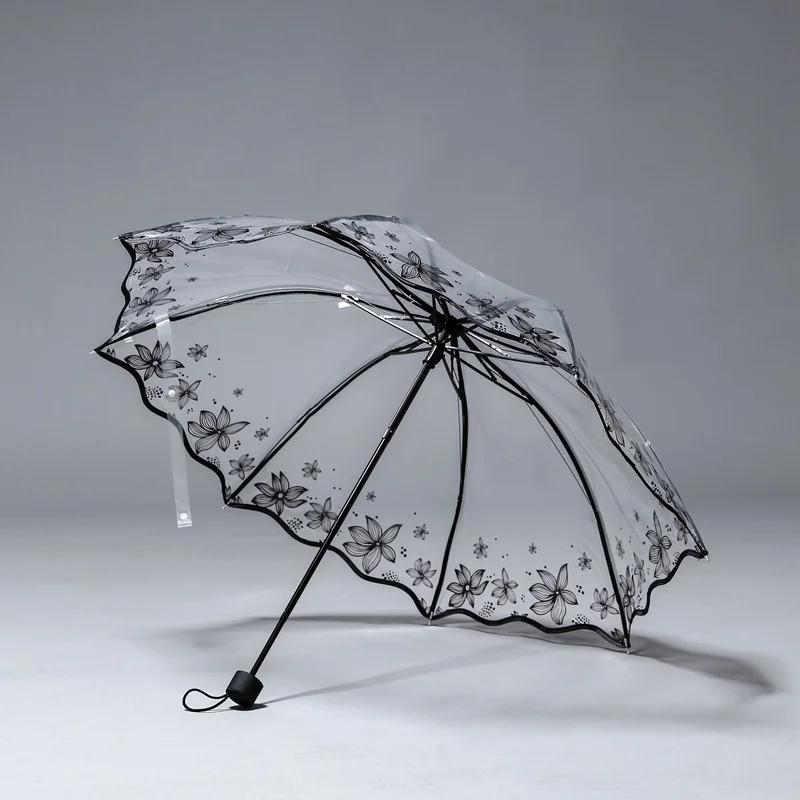 Transparent Flower Umbrella Women Rain Portable Mini Parasol Outdoor Clear Plastic PVC Princess Cherry Wedding Umbrellas