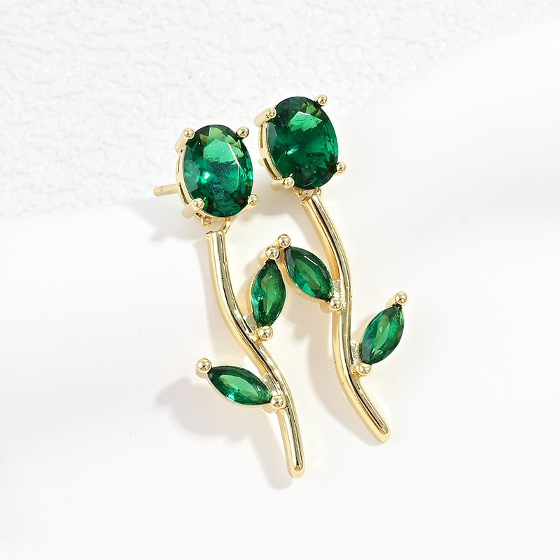 Gold Plated Tulip Stud Earrings Women Colorful Cubic Zirconia Rose Leaf Drop Earrings Minimalist Dainty Jewelry Gift:VE1824