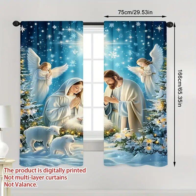 2pcs - Christmas Night scene angel and snowflake pattern printed curtains, pole bag curtains, home decoration, room decoration