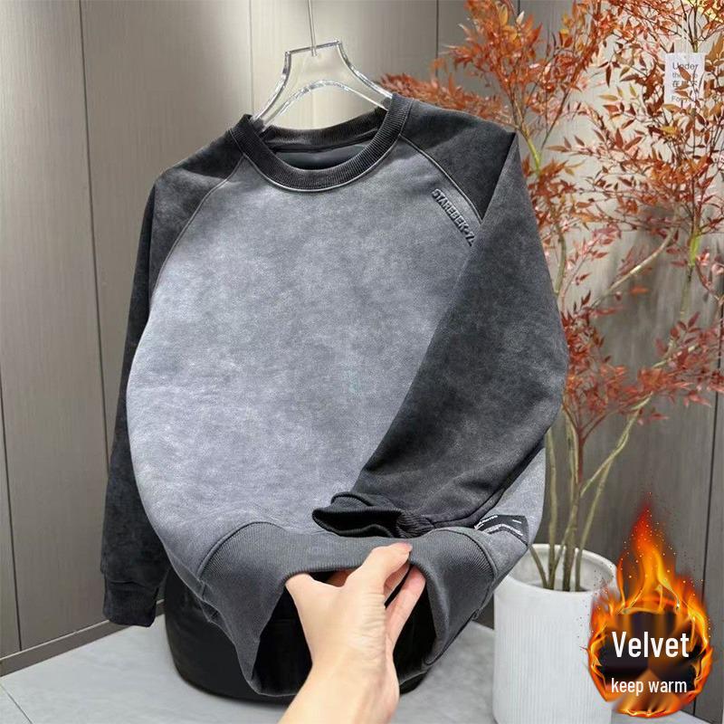 Men s Korean Style Fleece-Lined Hoodie - Round Neck, Printed Patchwork Design, Autumn/Winter Casual Top. 4XL темно-серого