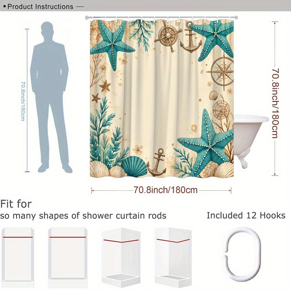Nautical Shower Curtain Starfish Anchor Compass Print Beige Bath Curtain With 12 Hooks For Beach Bathroom Decor