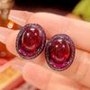Copper Bottom Gold-Plated Ice Seed Fluorescence Simulation Red Corundum Black Gold Stud Earrings 10 * 12