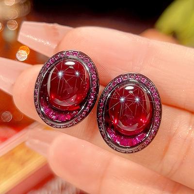 Jewelry Copper Bottom Gold-Plated Ice Seed Fluorescence Simulation Red Corundum Black Gold Stud Earrings 10 * 12