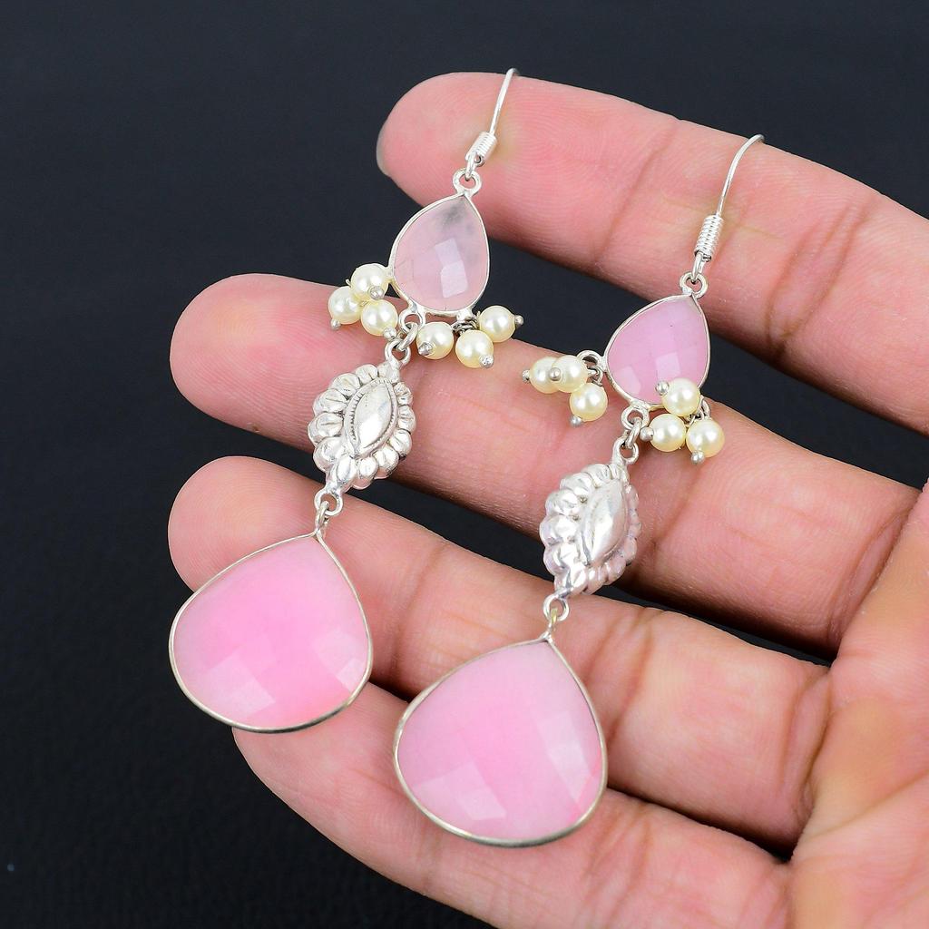 Halloween Deal Pink Chalcedony Stone 925 Silver Dangling Mother Wedding Earrings