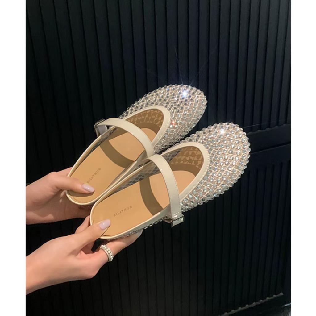 Cool slippers women's 2025 summer new temperament simple casual rhinestone hollow breathable bag head half slippers women's outer wear