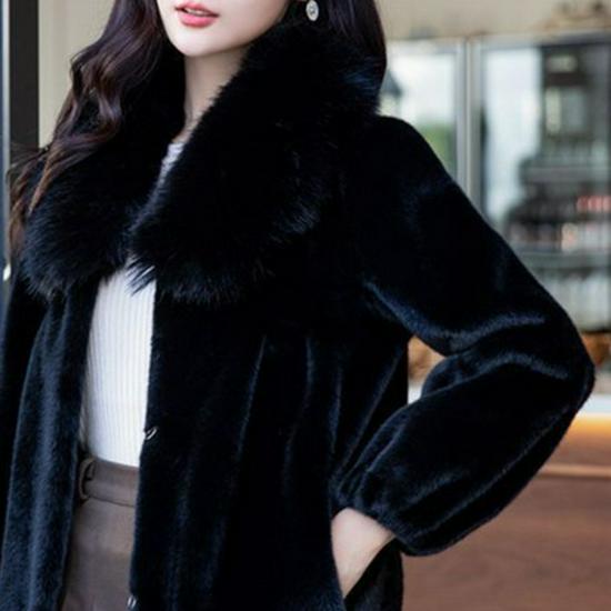 Women's Fashion Faux Mink Fur Coat with Large Collar and Velvet Detailing