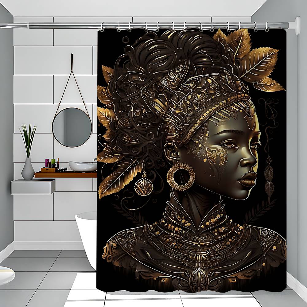 African Art Black And Gold Woman Oil Waterproof Polyester Shower Curtain Waterproof Bathroom Curtain Liners With 12 Hooks