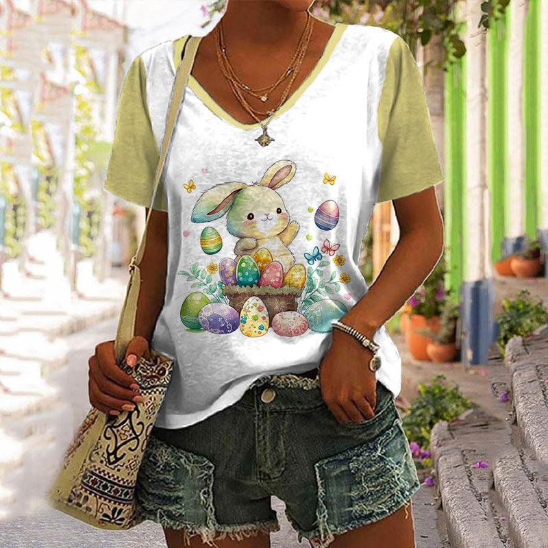 Summer V-neck 3D Printed Top Fashionable Casual Short Sleeved Women's T-shirts