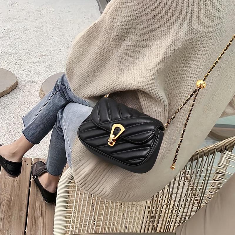 Stylish Black Crossbody Bag for Women - Elegant Pattern Shoulder Bag with -Tone Chain Strap, Secure Lock Closure