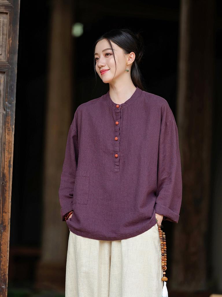 Johnature Women Vintage Stand T-Shirts Long Sleeve Patchwork Pockets Solid Color Tees Spring Loose Button T-Shirt