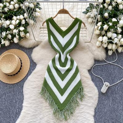 Summer Women Casual V-neck Sleeveless Knitted Tassel Striped Sweater Slim Bodycon Mini Short Sheath Dresses