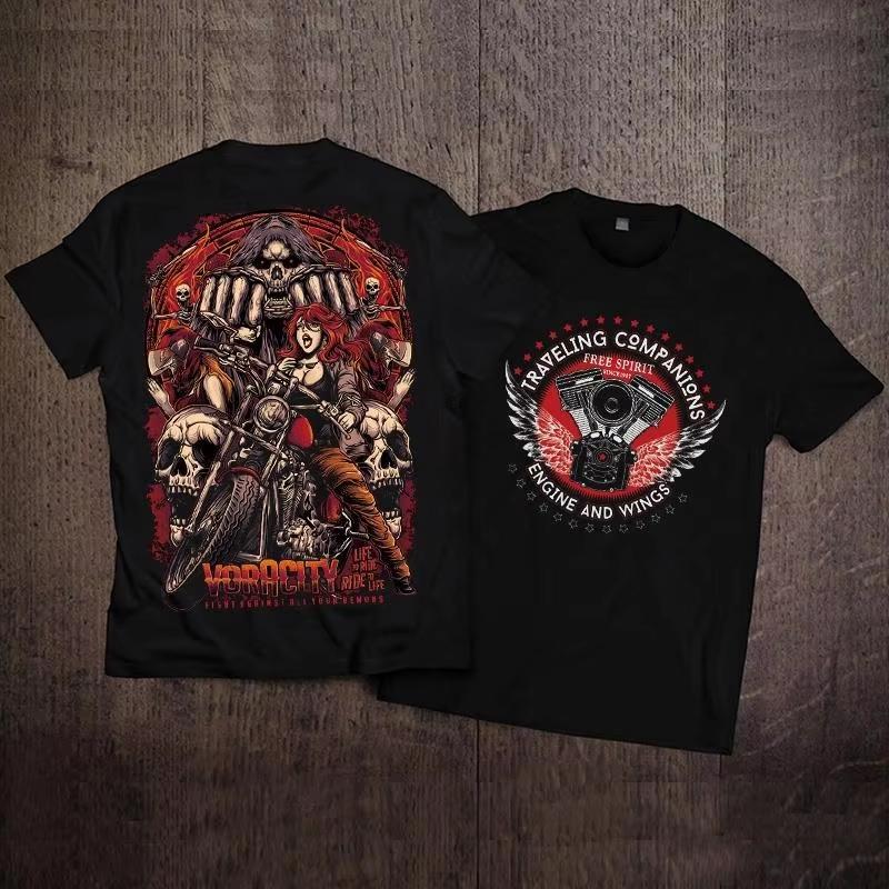 

2025 Summer and Autumn Skull Retro motorcycle Print T-shirt loose and casual short-sleeved men s and women s sport top 4XL