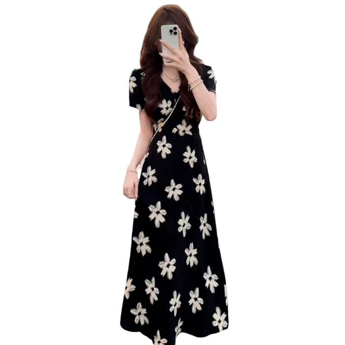 Large size French temperament Royal sister style black floral V-neck dress summer new slim-fitting belly long skirt