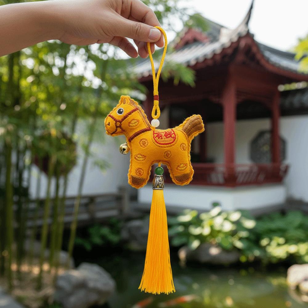 Chinese Style Pony Embroidered Pendant Tassel Zodiac Mascot New Year Horse Pendant Keychain Spring Festival