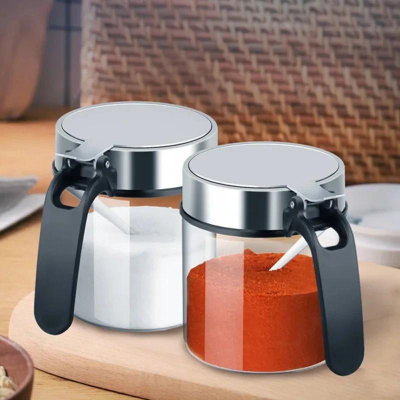 1Pcs Glass Seasoning Jar Stainless Steel Lid With Spoon Condiment Bottle Salt Shaker Kitchen Supplies Storage Set Spice Boxes