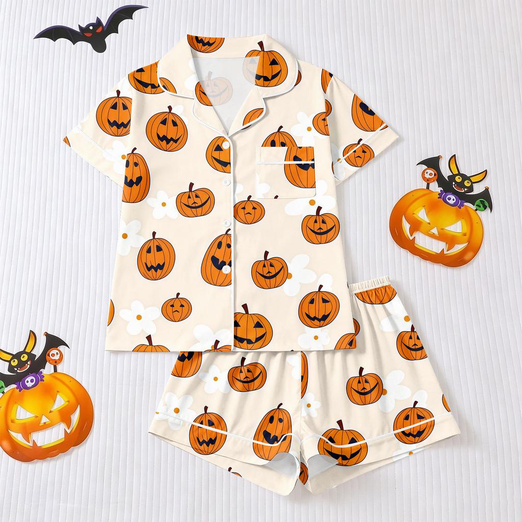 Women's Halloween Pajama Set with Short Sleeve Button Down Shirt and Shorts