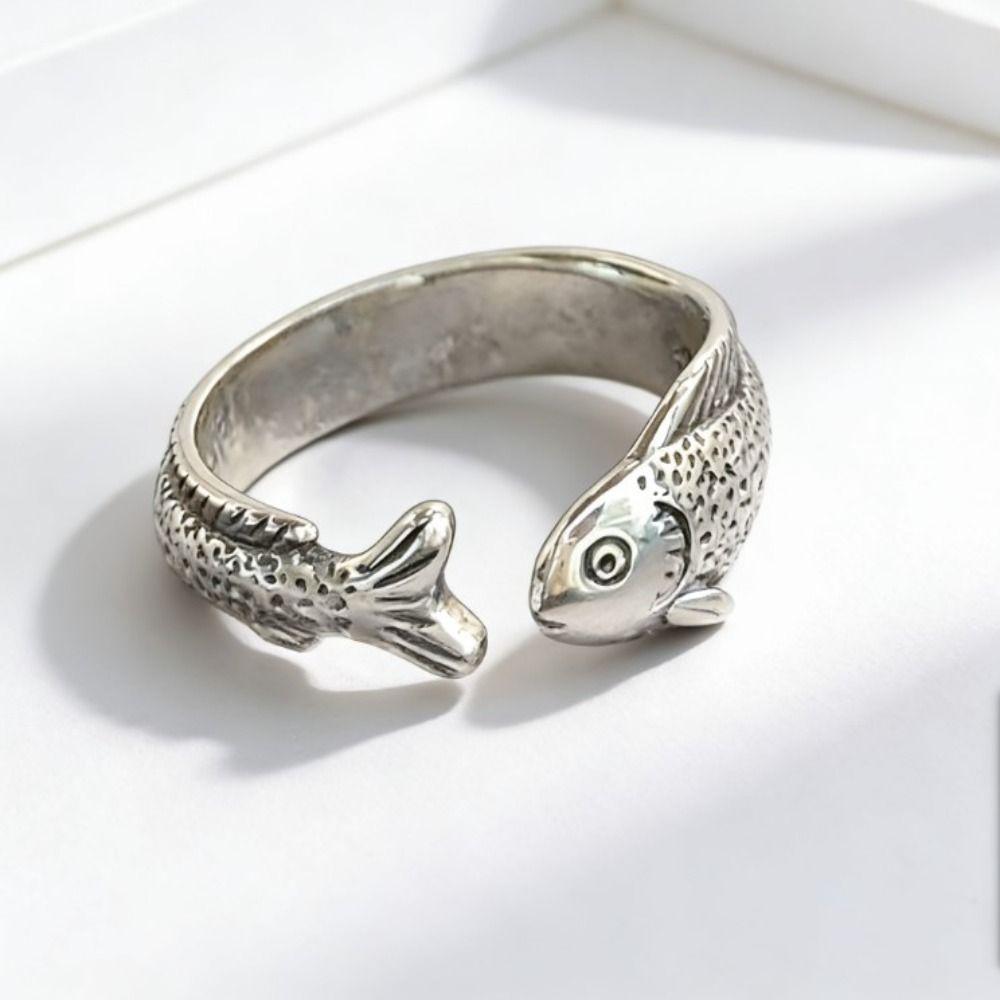 Simple Vintage Adjustable Ring Zinc Zinc Alloy Retro Open Ring Niche Fish Shaped Ring  Unisex