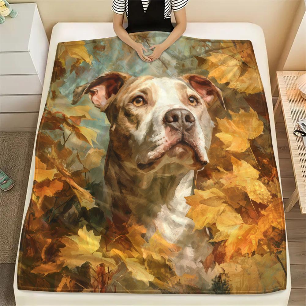 Pitbull and Leaves,pattern Flannel Blanket, High Quality Comfortable for All Seasons, Home Decor, Warmth and Comfort, Perfect for Gifts.