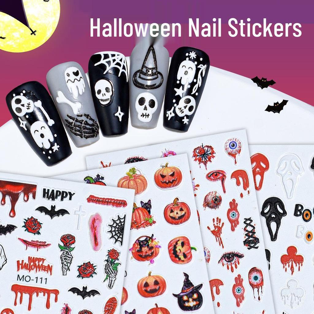 3D Halloween Self-Adhesive Nail Stickers: Skulls, Pumpkins, Witches, Bats.