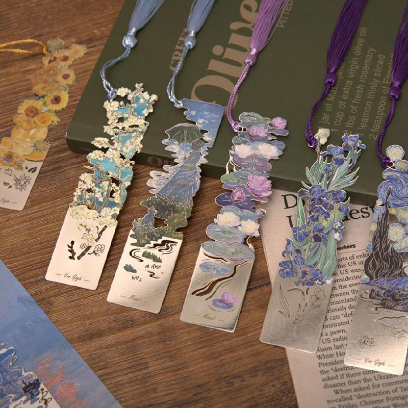 Retro Oil Painting Style Metal Hollow Bookmark Student Stationery School Supplies Exquisite Tassels Famous Painting Book Mark