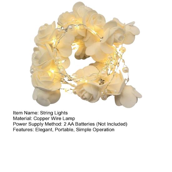 String Lights with White Roses And Faux Pearls Portable Fairy Lights for Bedroom Soft Lighting Decorative String Light for Party Holiday Wedding