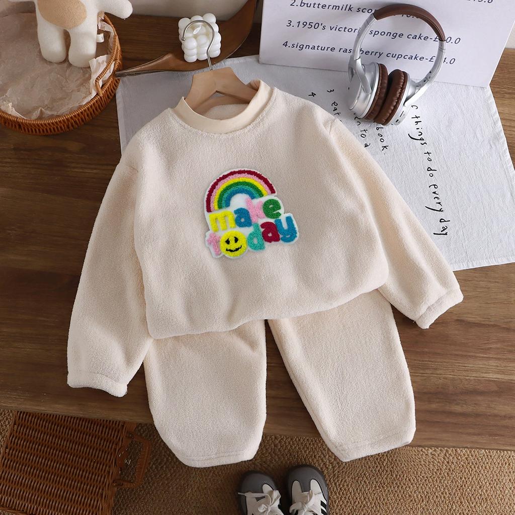 Autumn and Winter Plus Velvet Thickened Children's Pajamas for Boys and Girls Warm Home Service Suits Children's Clothing