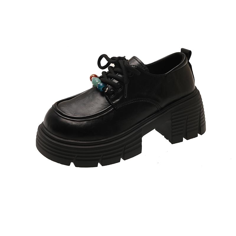 Fashion Retro round-toe beaded small leather shoes 2025 new style versatile British style thick-soled, thick-heeled, lace-up loafers