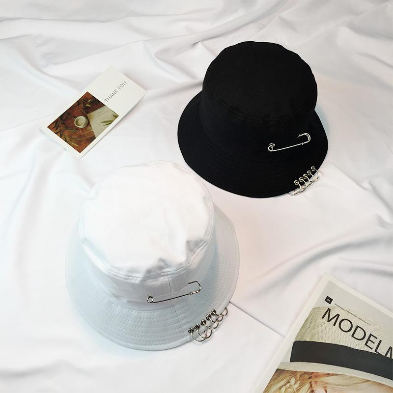 Versatile Iron Ring Pin Basin Hat Harajuku Foldable Sunscreen Sunshade Travel Fisherman Hat Men and Women Tide Spring and Summer