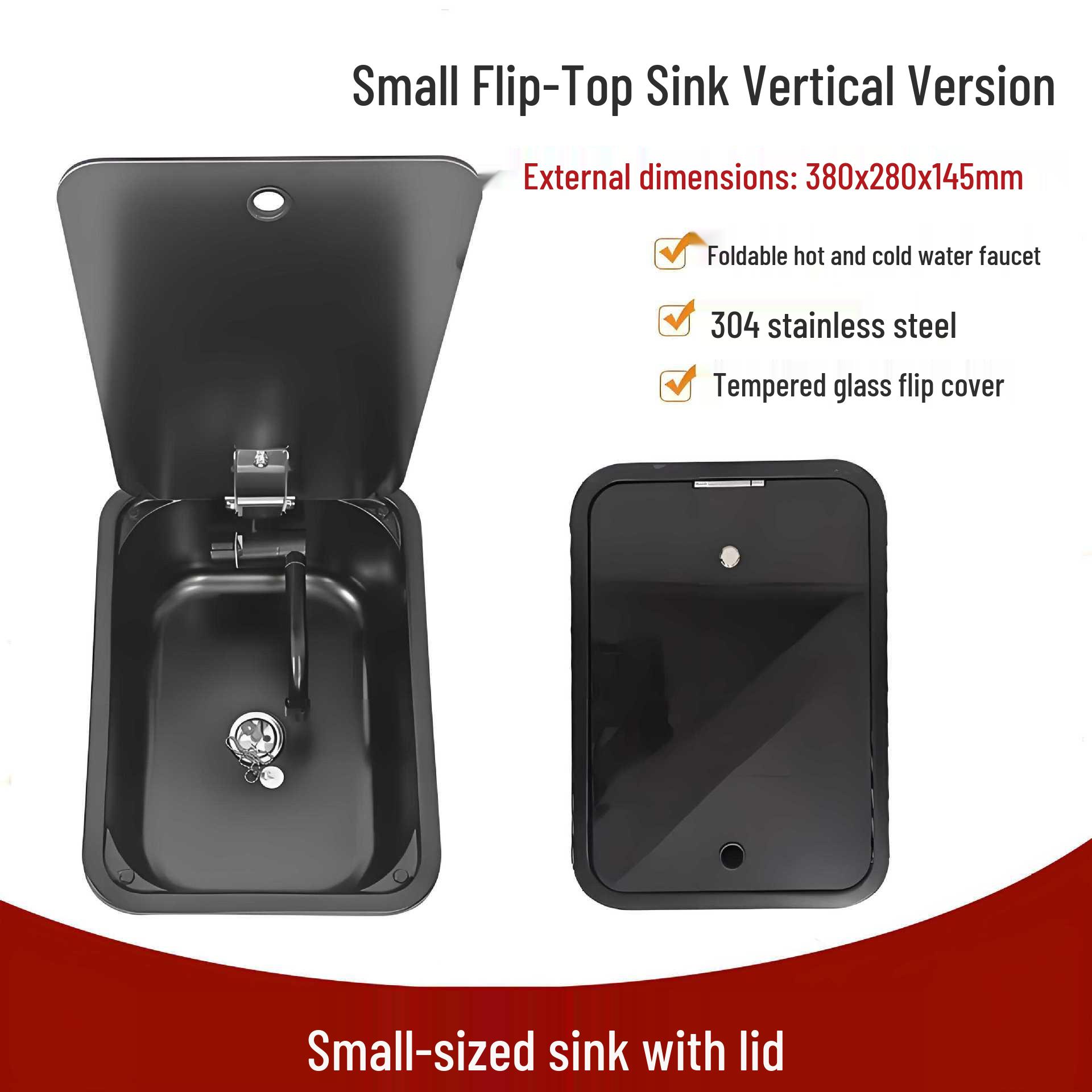 

Small Black RV Stainless Steel Sink with Lid and Foldable Faucet for Vegetable Washing Hot and Cold Faucet
