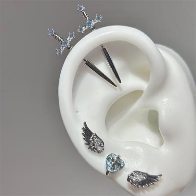 New Fashion Love Wings Cross Stainless Steel Ear Bone Nail Shiny Zircon Trendy Thread Earring for Women Body Piercing Accessorie