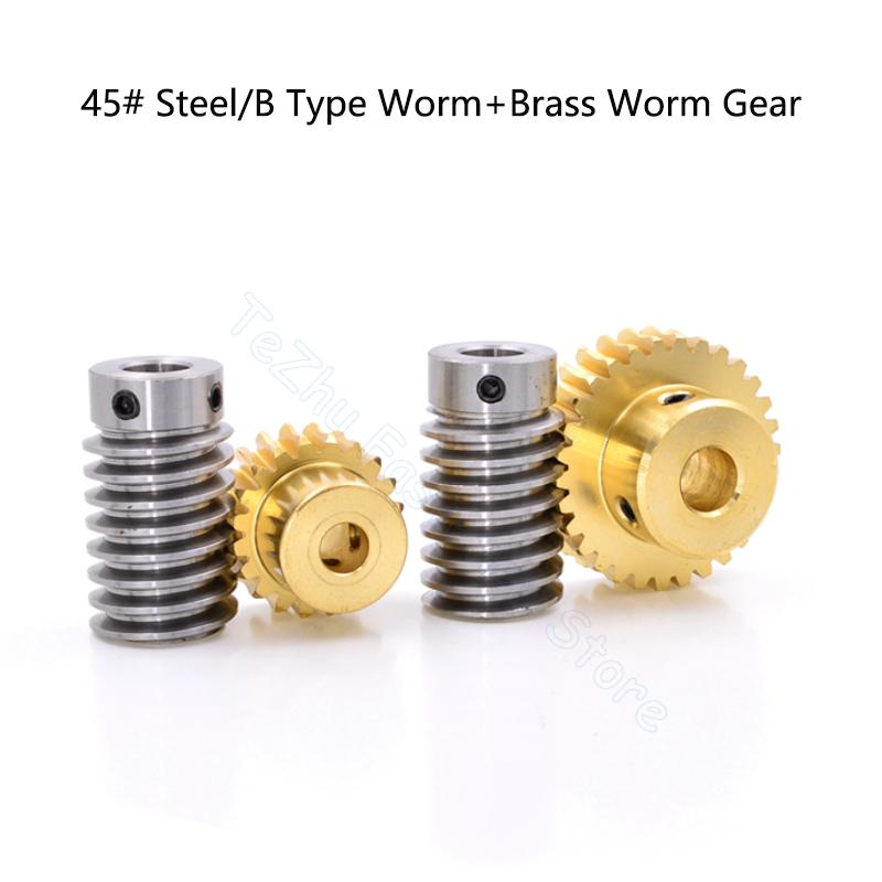 1 Set 1M Turbine Worm Gear with Worm Rod 1 Module 15 20 25 30 Teeth Brass Gear 45# Steel Worm Rod Drive Ratio 1:15/20/25/30