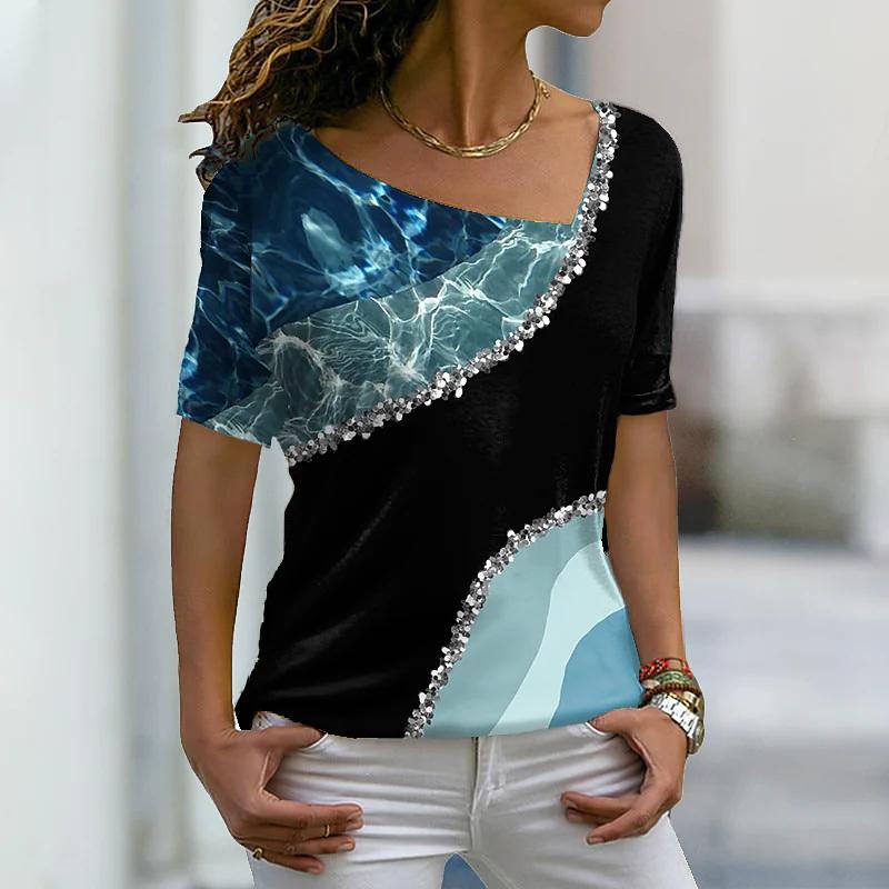 Flower Floral 3D T-shirt Summer Women Irregular V-neck T Shirts Streetwear Harajuku Short Sleeve Tees Sexy Oversized Y2k Tops