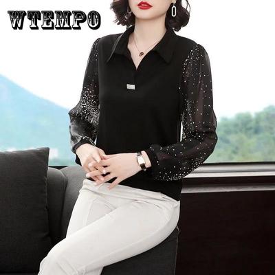 Chemisier en mousseline de soie pour femme, t-shirt décontracté à manches longues, col en v, imprimé à pois, pull, printemps-automne