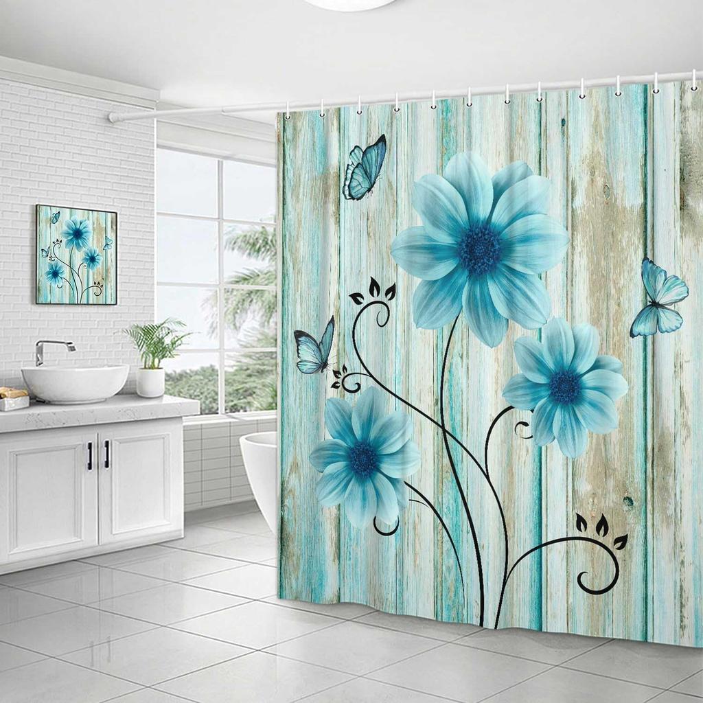 Teal Rustic Floral Shower Curtain, Retro Turquoise Flower and Butterfly Farm Wooden Decor for Bathroom, Blue Wild Daisy Flower