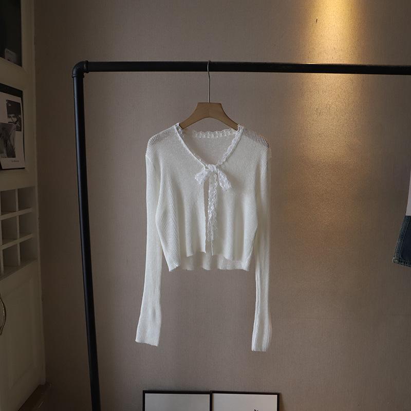 

Би Чжэн 2025 Весенний Трикотажный Кардиган с V-образным Вырезом и Кружевной Отделкой в Корейском Стиле для Женщин One Size белый