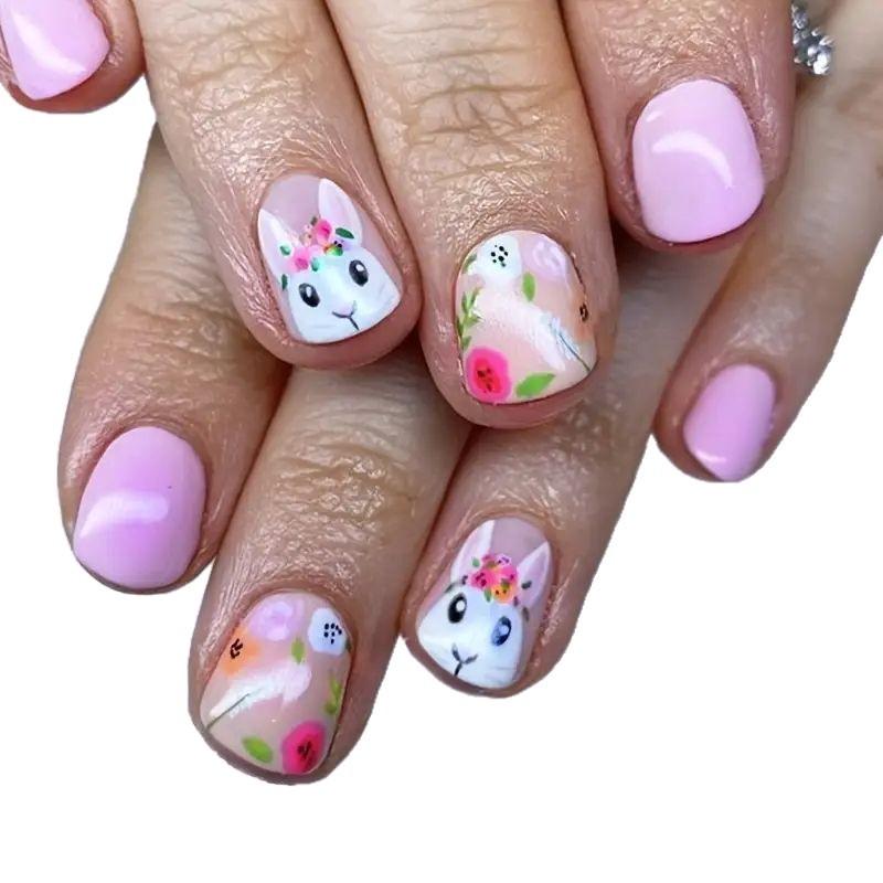 Nail Art 24 Pieces Easter Collection Cute Sweet French Bunny Short Wear Nail Art Pieces