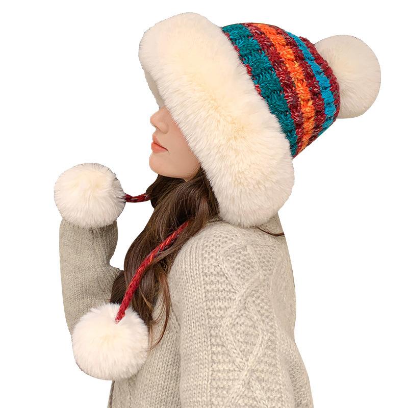 Autumn and Winter New Wool Hat Women's Warm Ear Protection Windproof Big Head Circumference Piled Thickened Hairball Knitted Hat