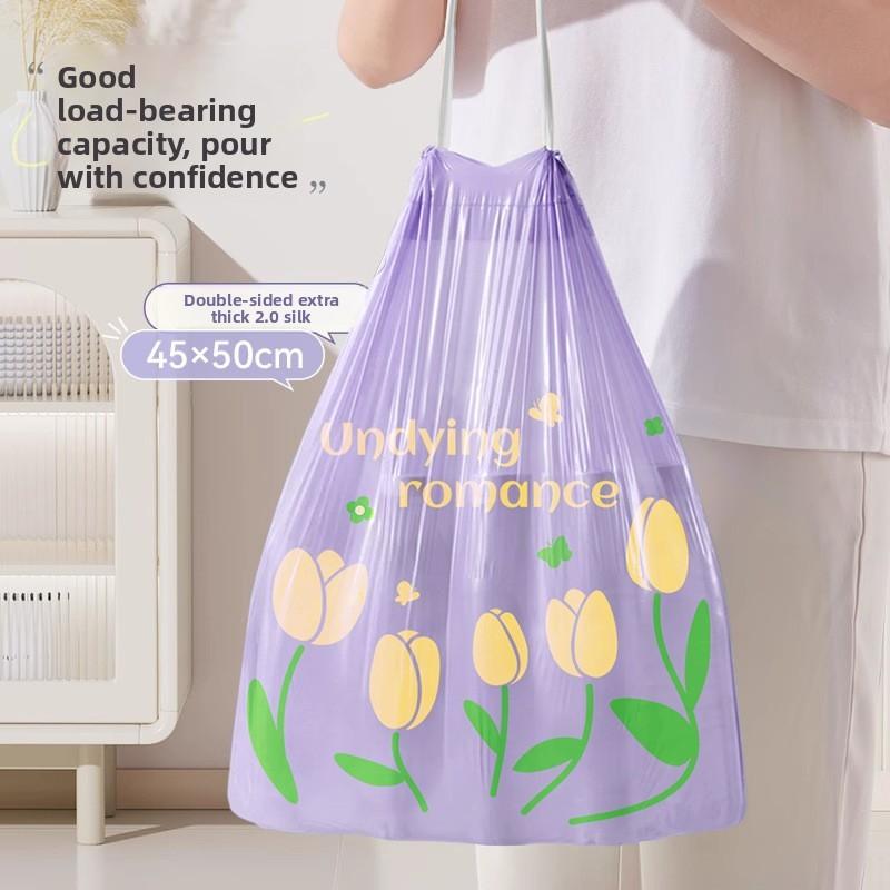 Thick Pe Reusable Trash Bag With Drawstring And Tulip Pattern For Home Waste Disposal