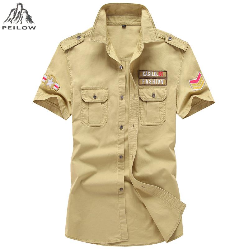 Plus Size 6xl Mens Pilot Shirt Short Sleeve Patchwork Pocket Shirts Men Army Military Shirts Male