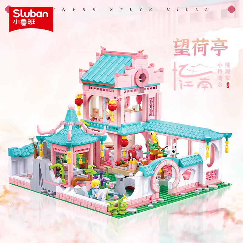 Sluban Wangheting Yin Spring Garden Ancient Architecture Micro Landscape Decoration Toy Assembling Blocks