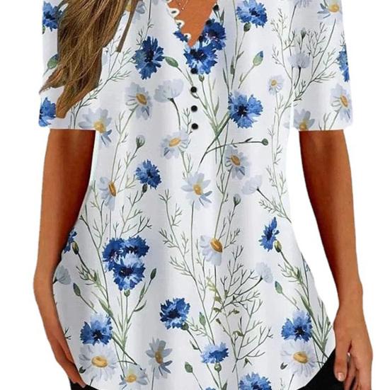 Women Summer T-shirt Flower Print V Neck Short Sleeves Loose Vintage Daily Wear Mid Length Plus Size Women Top Female Clothes