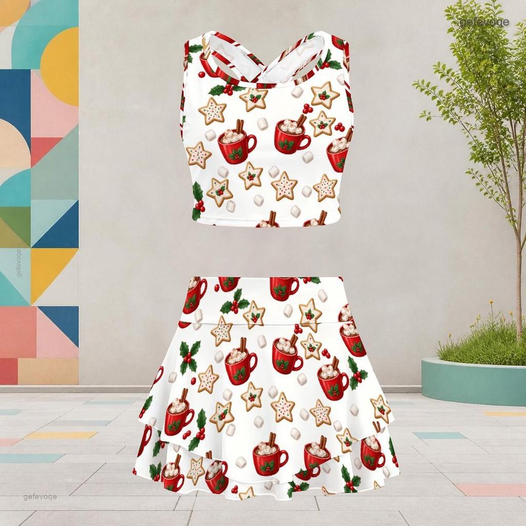 Mädchen Weiß Bedrucktes Ärmelloses Racerback Crop Top Mehrlagiger Rock Zweiteiliges Set