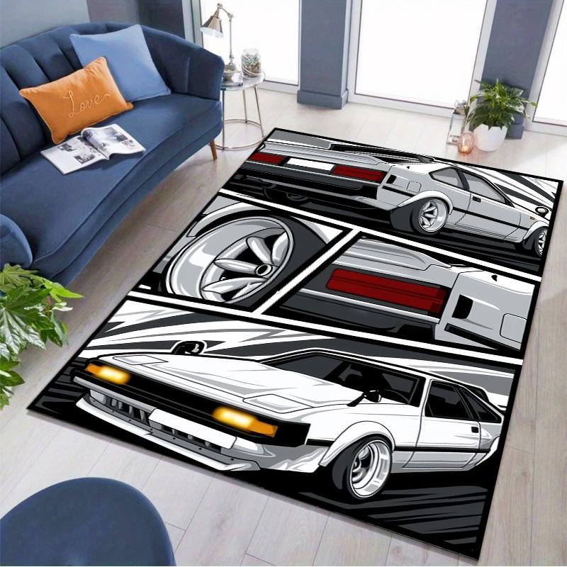 White Retro Sport Car Manga Comic Split Print Area Rug Non‑Slip Rectangular Floor Mat JDM Auto Fan Decor for Gaming Bedroom Living Room