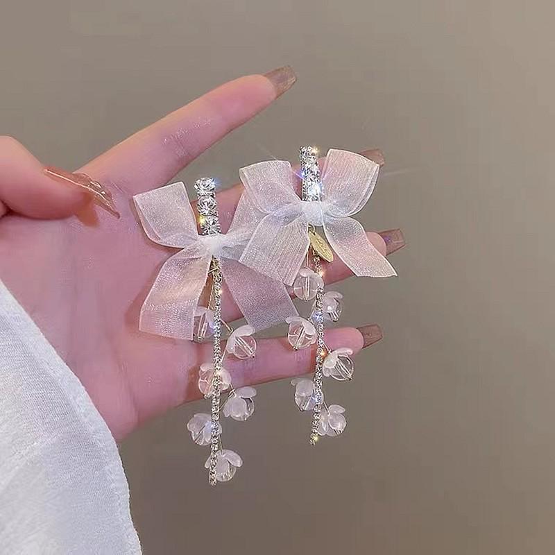 Exquisite Rhinestone Tassel Bow Earrings - Silver Mesh Needle Studs with Fairy Design