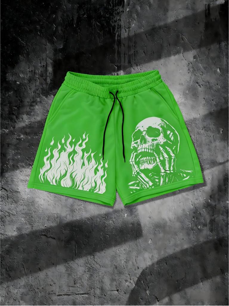 European and American Men's Summer Flame Skull Print Comfortable and Breathable Drawstring Shorts for Outdoor Leisure Vacation