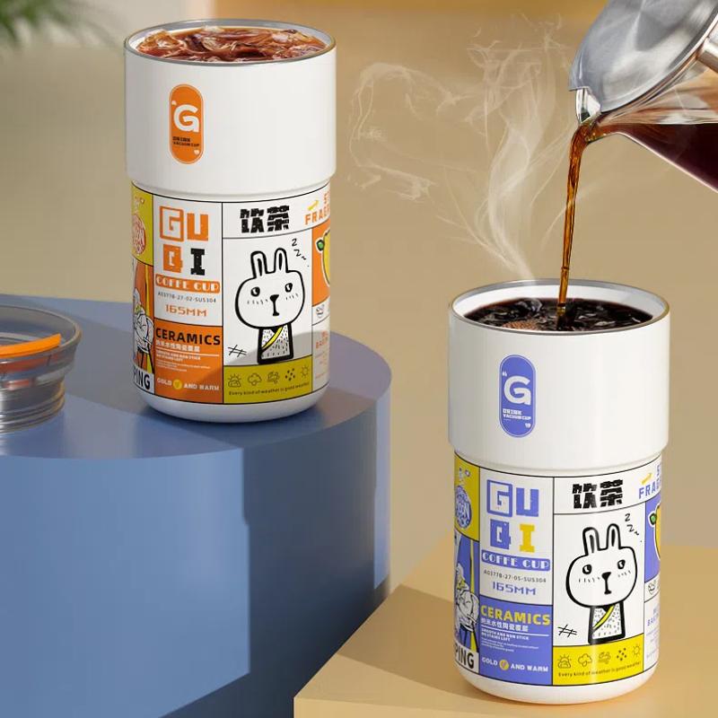 2025 New Fashion Thermal Water Bottle Ceramic Coffee Insulated Cup Portable In Car Dual Drinking Straw Cold Cup Thermal