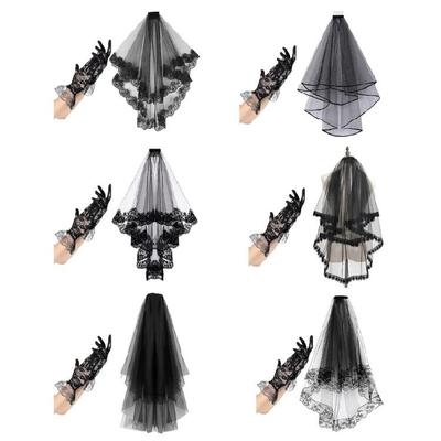 Enchanting Black Tulle Veil and Lace Gloves Set Headwear Costume Headpiece for Halloween Masquerades and Role Playing
