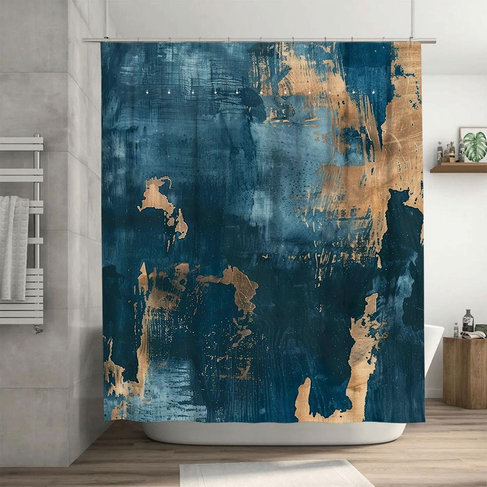 Luxury Blue Gold Artistic Shower Curtain for Bathroom Decor Custom Size Available